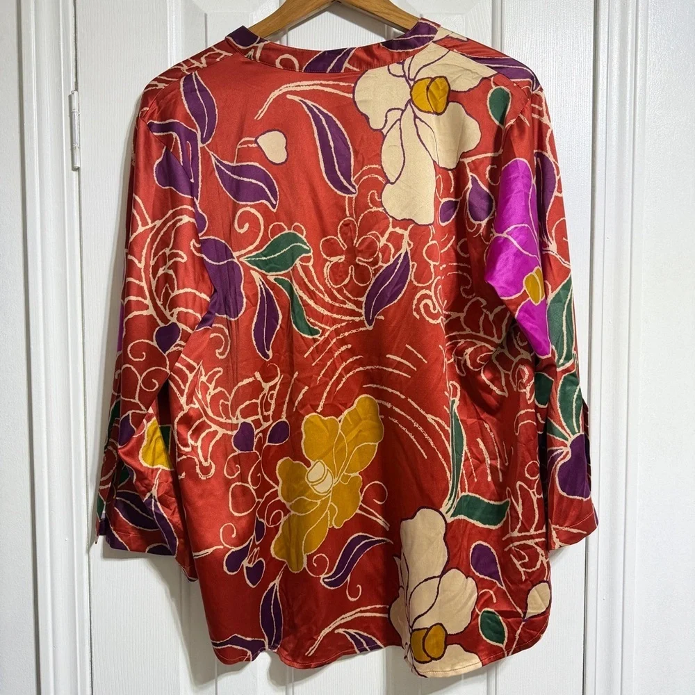 Natori satin pajama pant set rust floral cropped flowy top size large
